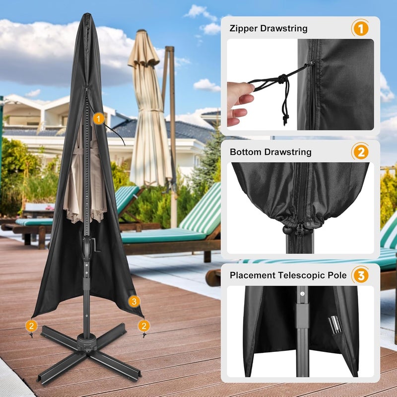 AckMizz Cantilever Umbrella Cover - Waterproof Oxford Outdoor Offset Patio Umbrella Covers with Folding Rod. Banana Style Parasol Cover for 7ft - 12ft Square Umbrellas (Black) - Image 4